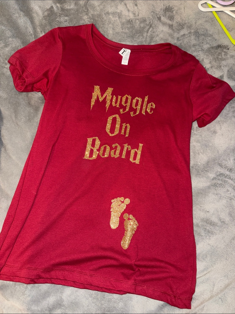 Red "Muggle On Board" Graphic Tee with Gold Glitter